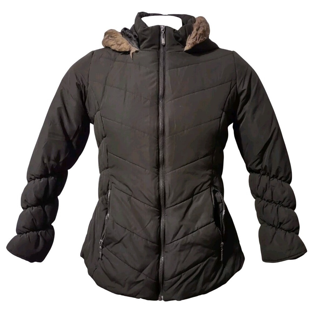 Falls Creek Puffer Jacket Large Womens Gorp Core Cabin Core Black Faux Fur Hood